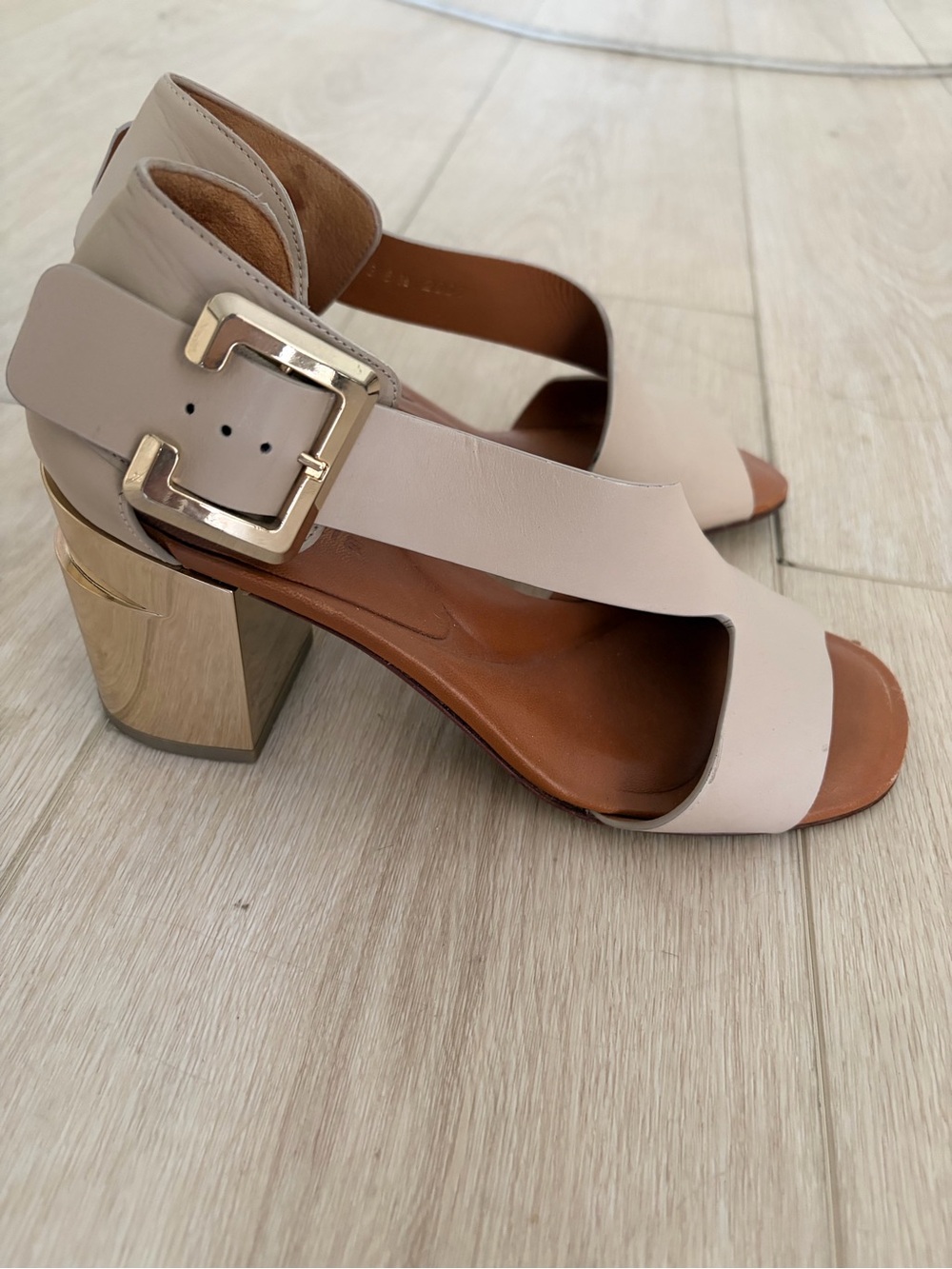Robert Clergerie Beige Leather Block Heel Sandals with Gold Buckle